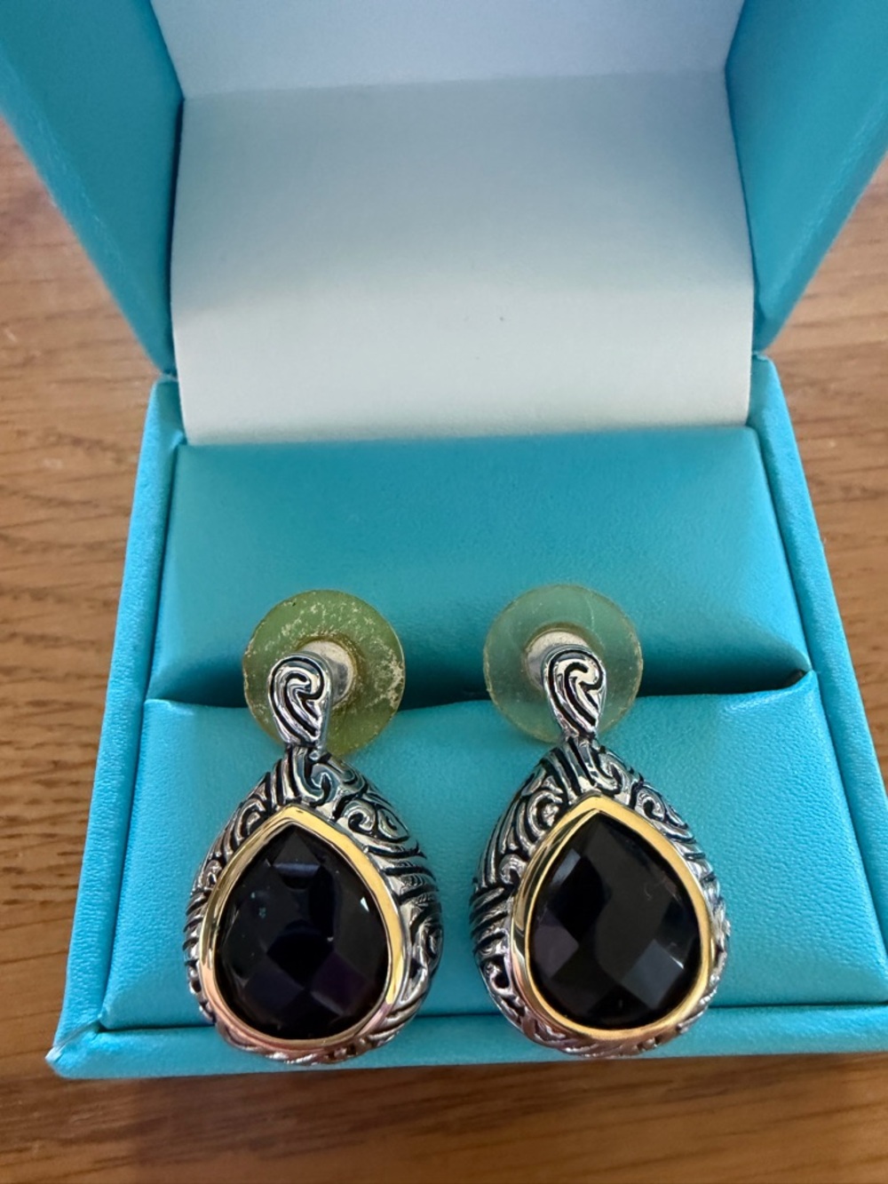 Black/Brown Teardrop Gemstone Drop Earrings with Ornate Silver Setting, sz 8
